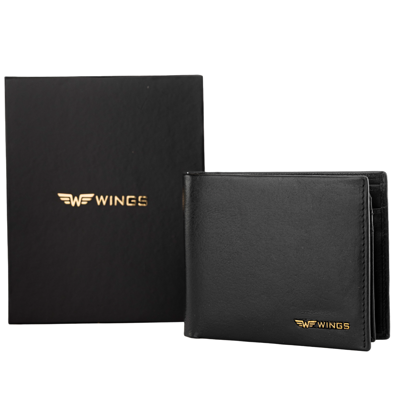 WINGS Męski portfel ze skóry naturalnej bydlęcej z odchylaną klapką Black