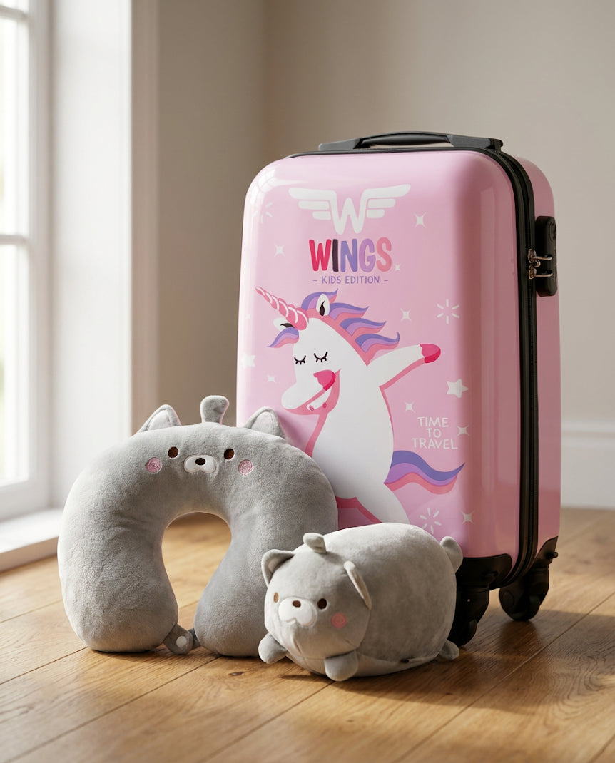 Zestaw podróżny dla dziecka – walizka XS JAY UNICORN + poduszka 2 w 1 WINGSBRAND