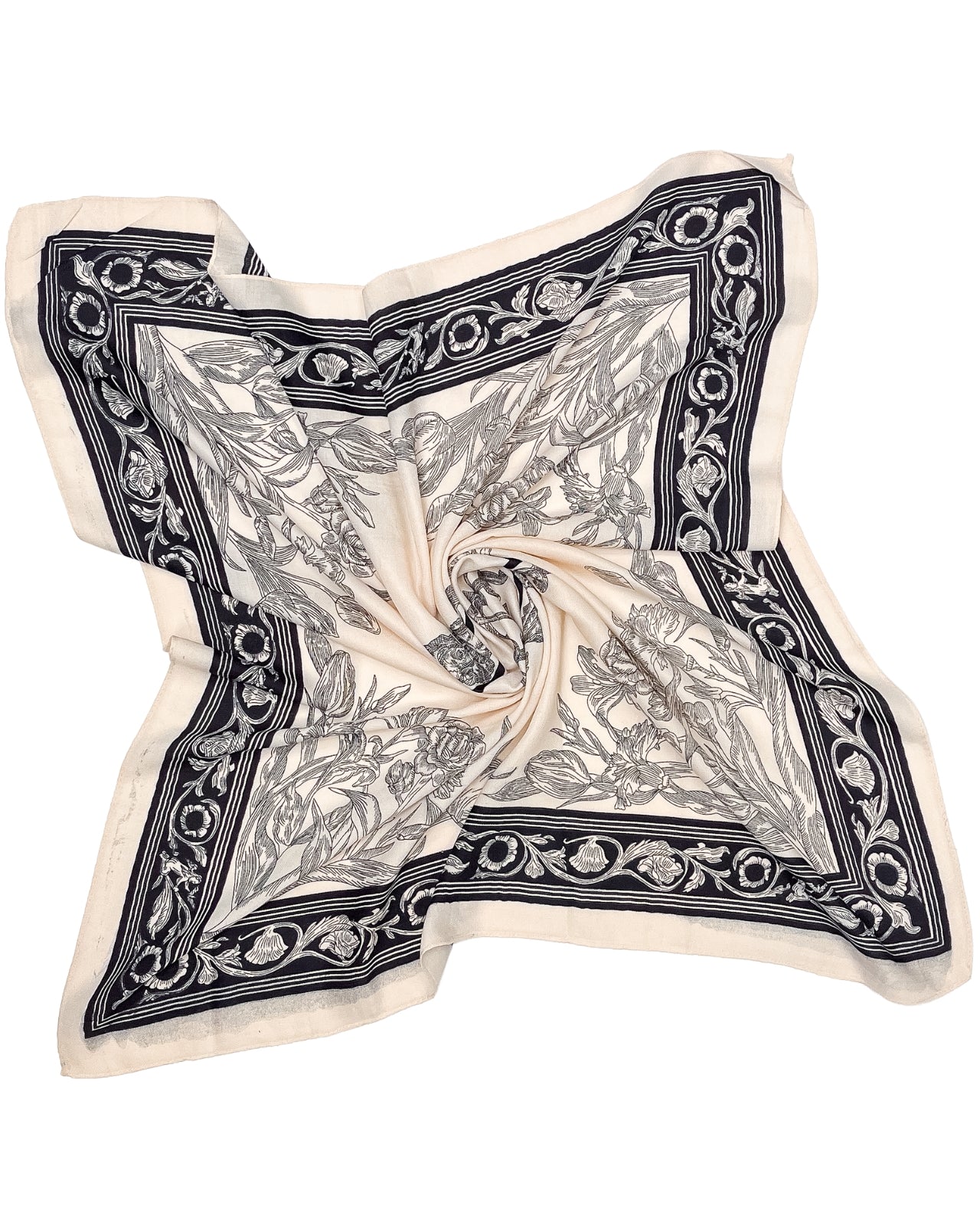 Apaszka damska WINGS 90x90 cm floral czarno kremowa