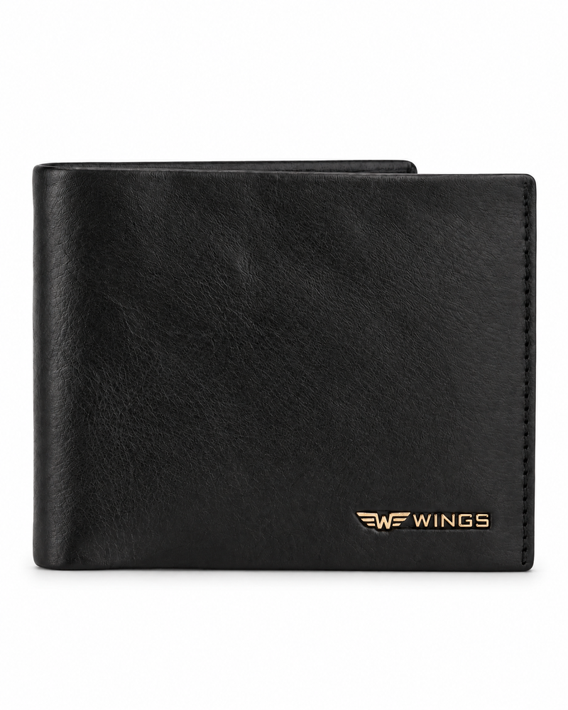 WINGS Męski portfel ze skóry naturalnej bydlęcej z odchylaną klapką Black