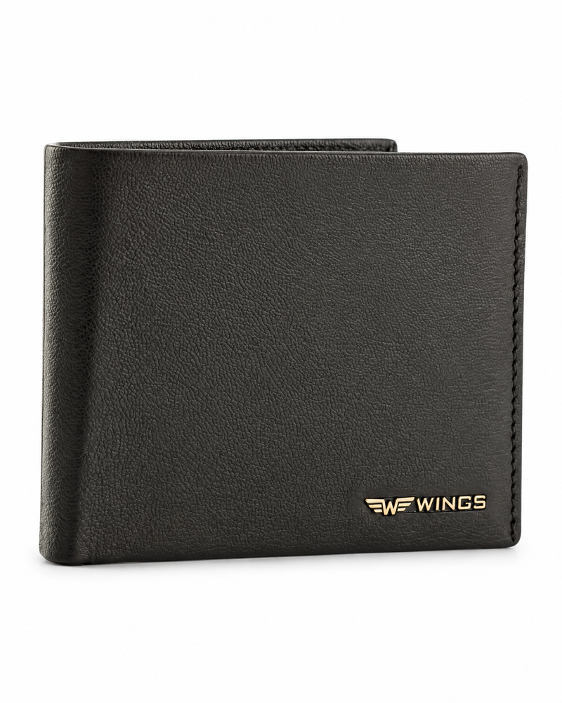 WINGS Męski portfel ze skóry naturalnej koziej z odchylaną klapką Black