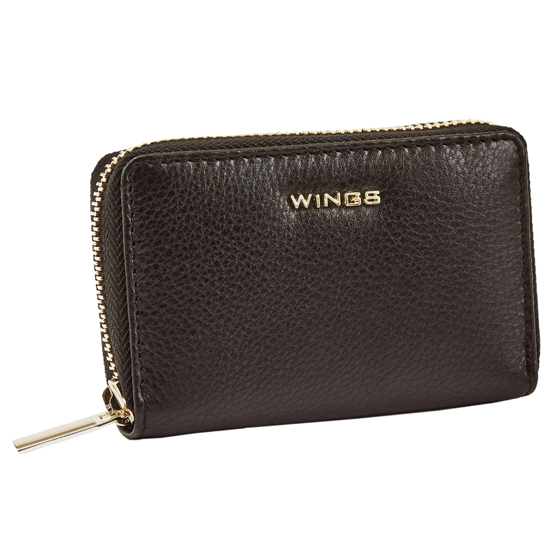 WINGS Mały portfel damski ze skóry naturalnej zapinany na zamek BLACK