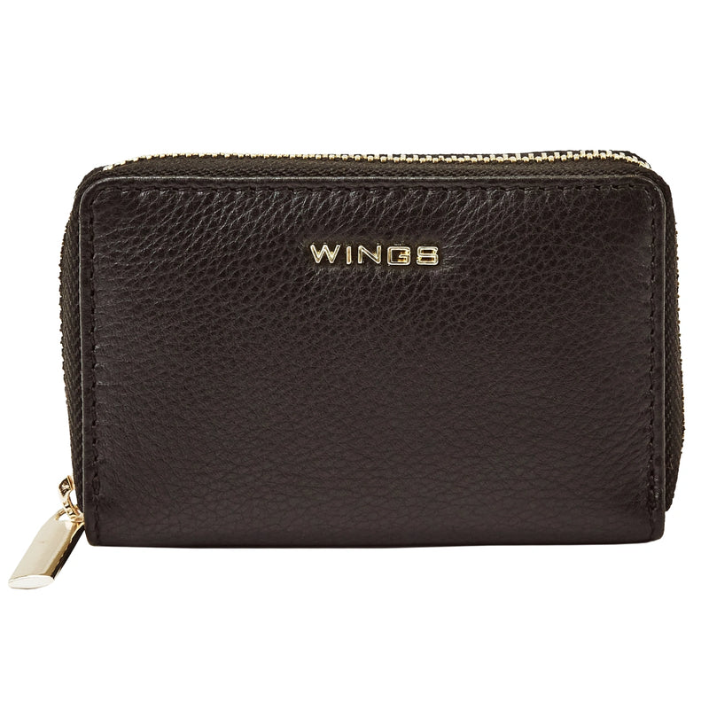 WINGS Mały portfel damski ze skóry naturalnej zapinany na zamek BLACK