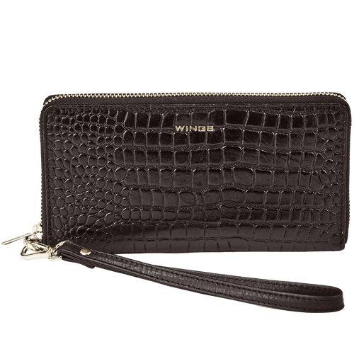 Damski portfel skórzany z paskiem na nadgarstek WINGS CROCO BLACK