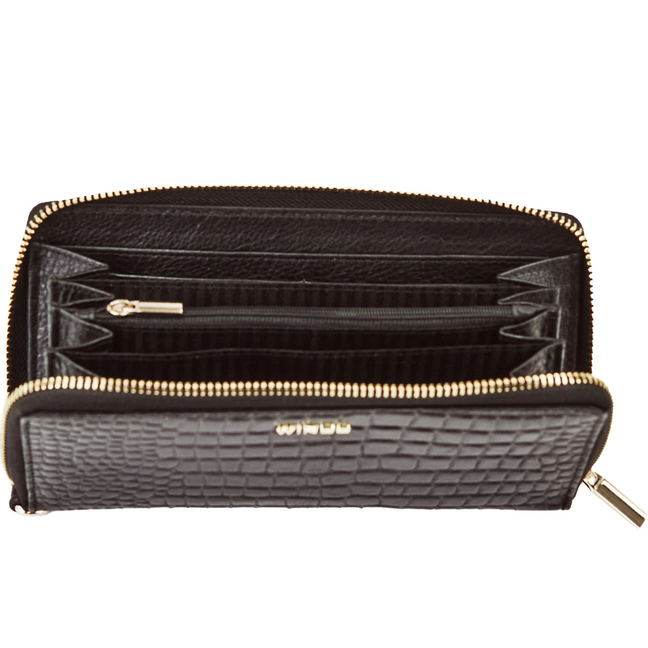 Damski portfel skórzany z paskiem na nadgarstek WINGS CROCO BLACK LEATHER COLLECTION