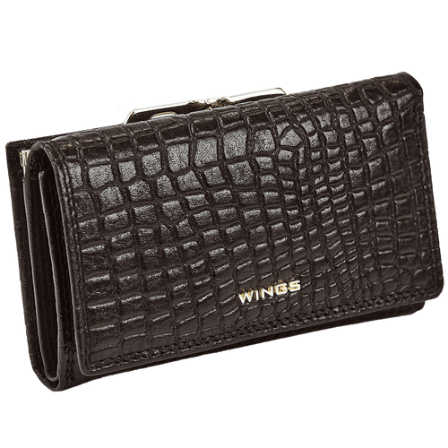Damski portfel skórzany WINGS z ochroną RFID o pojemnym wnętrzu CROCO BLACK