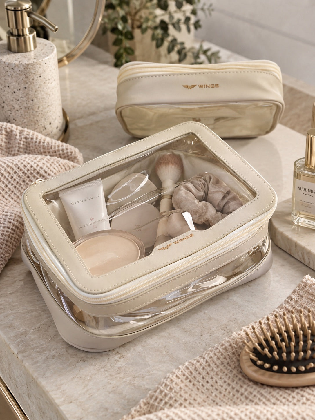 Zestaw dwóch przezroczystych kosmetyczek WINGS BEIGE