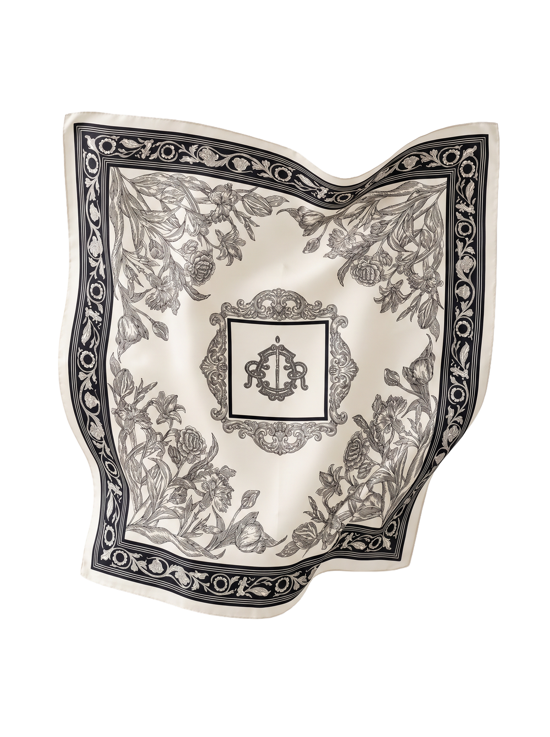 Apaszka damska WINGS 90x90 cm floral czarno kremowa