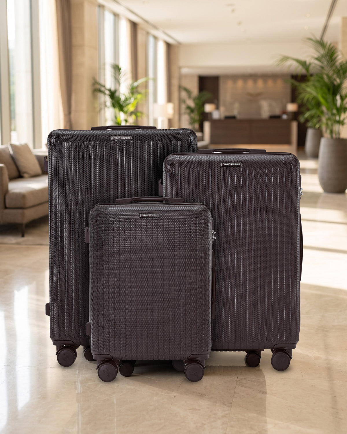 Zestaw 3 walizek WINGS WHIMBREL BLACK w lobby hotelu